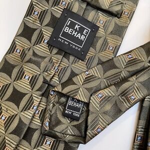 Ike Behar Luxury Silk Tie Green Blue‎ Geometric Gold USA Standard 57" X 3.5"